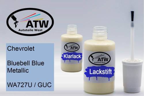 Chevrolet, Bluebell Blue Metallic, WA727U / GUC: 20ml Lackstift + 20ml Klarlack - Set, von ATW Autoteile West.